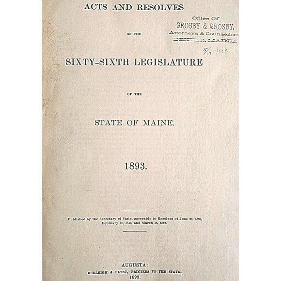 1893 Acts & Resolves State Of Maine 1st Edition 66th Legislature Public Law F5 - Picture 3 of 6